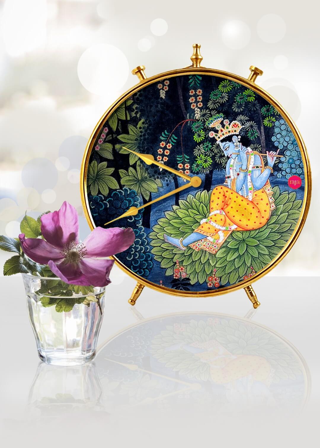 Krishna Table Clock with Peacock Feathers - Rajatimeless